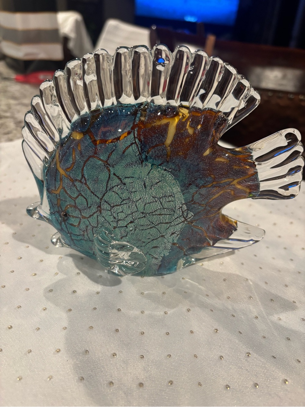 Handblown Glass Fish Sculpture - Teal and Amber Home Art